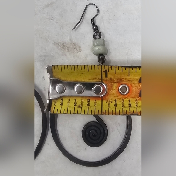 Artisan Crafted Copper Tribal Spiral Hoop Dangle Earrings With Green Beads 3” - Picture 9 of 9